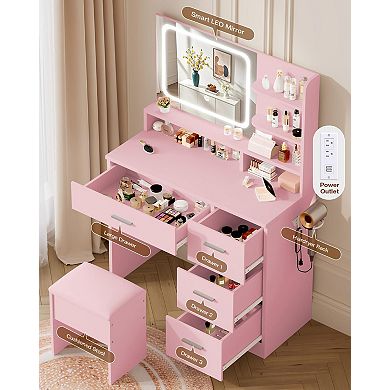 Makeup Vanity Desk: LED Mirror, Storage Drawers, Power Outlet