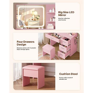 Makeup Vanity Desk: LED Mirror, Storage Drawers, Power Outlet