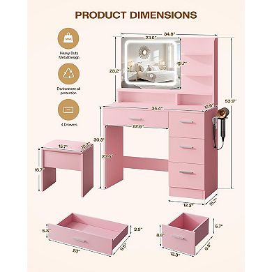 Makeup Vanity Desk: LED Mirror, Storage Drawers, Power Outlet
