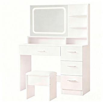 Makeup Vanity Desk: LED Mirror, Storage Drawers, Power Outlet