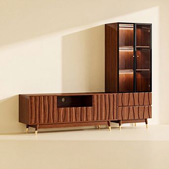 Walnut Finish Entertainment Center for TVs up to 55", Mid-century TV Stand and 3 tier Display Shelf
