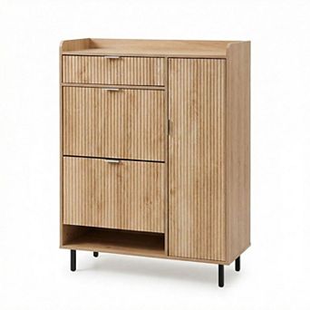 Wave Pattern Shoe Cabinet with 2 Flip Drawers Narrow Entryway Shoe Storage Organizer with Metal Legs