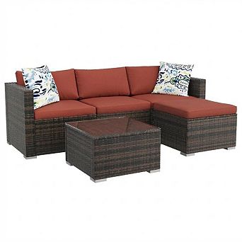 5 pc Outdoor PE Rattan Patio Furniture Set, Convertible Sectional Sofa Ottoman, Glass Table