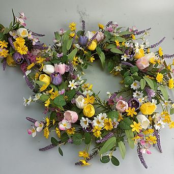 24 in Spring Tulip & Lavender Wreath, Artificial Door Wreath, Real Rattan Base, 2 Matching Bouquets