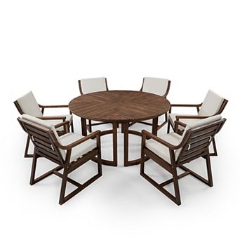 7 pc Outdoor Wood Round Dining Table with 1.96" Umbrella Hole and Removable Cushions for Garden