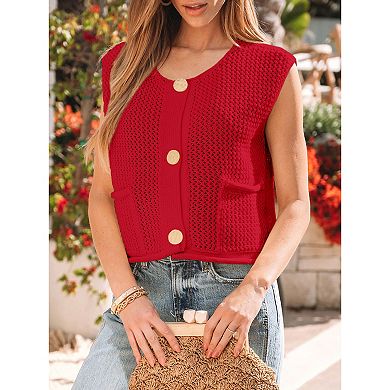 Women Knit Tank Top Sleeveless Button Down Cardigan with Pockets