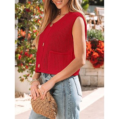 Women Knit Tank Top Sleeveless Button Down Cardigan with Pockets