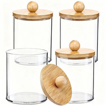 4 Pack 10 Oz Clear Plastic Qtip Jars with Lids & Labels for Bathroom Vanity Storage