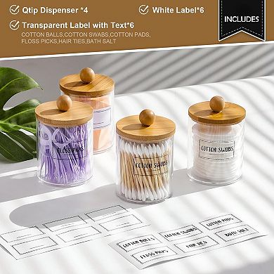 4 Pack 10 Oz Clear Plastic Qtip Jars with Lids & Labels for Bathroom Vanity Storage