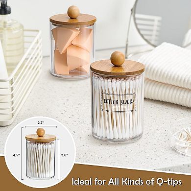 4 Pack 10 Oz Clear Plastic Qtip Jars with Lids & Labels for Bathroom Vanity Storage