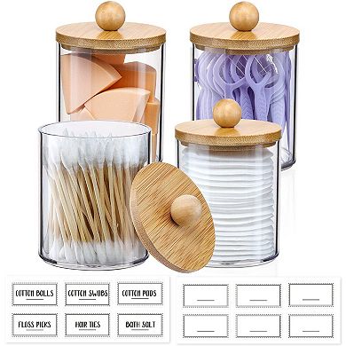 4 Pack 10 Oz Clear Plastic Qtip Jars with Lids & Labels for Bathroom Vanity Storage