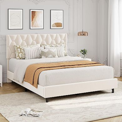 Platform Bed Frame with Adjustable Upholstered Headboard, Modern Bed Frame