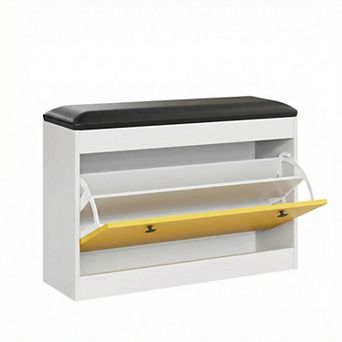 31.5 in Shoe Storage Bench with Flip Drawer and PU Cushion Modern Entryway Shoe Organizer