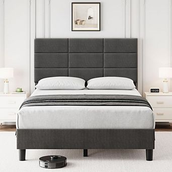 Bed Frame Upholstered Platform with Height Adjustable Headboard, Linen Fabric Tufted Wooden Slats