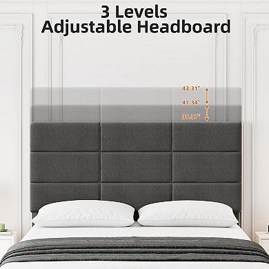 Bed Frame Upholstered Platform with Height Adjustable Headboard, Linen Fabric Tufted Wooden Slats