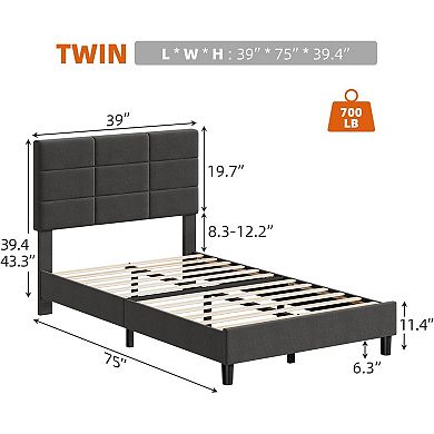 Bed Frame Upholstered Platform with Height Adjustable Headboard, Linen Fabric Tufted Wooden Slats