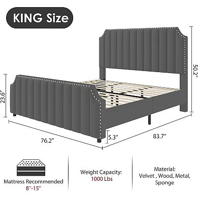 Upholstered Bed Frame with Headboard & Footboard,Platform Bed Frame with Nailhead Trim
