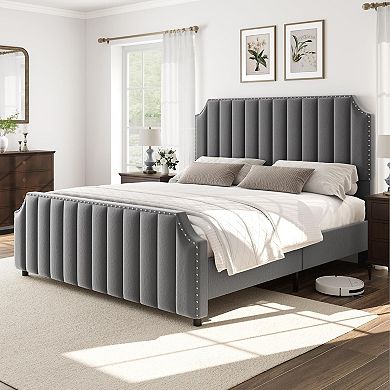 Upholstered Bed Frame with Headboard & Footboard,Platform Bed Frame with Nailhead Trim