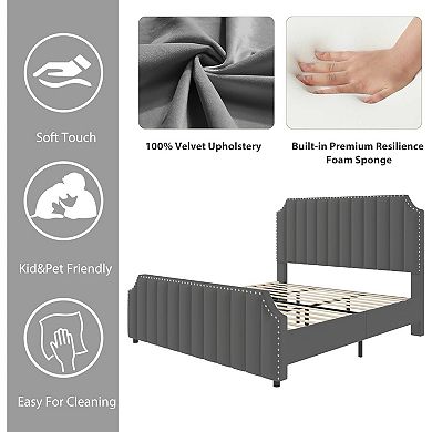 Upholstered Bed Frame with Headboard & Footboard,Platform Bed Frame with Nailhead Trim
