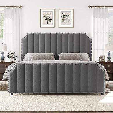 Upholstered Bed Frame with Headboard & Footboard,Platform Bed Frame with Nailhead Trim