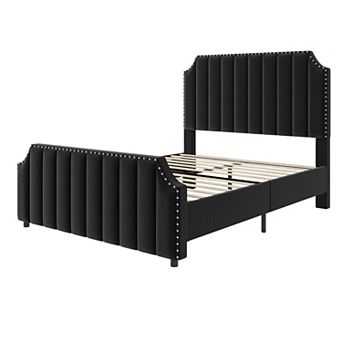 Upholstered Bed Frame with Headboard & Footboard,Platform Bed Frame with Nailhead Trim