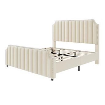 Upholstered Bed Frame with Headboard & Footboard,Platform Bed Frame with Nailhead Trim