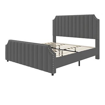 Upholstered Bed Frame with Headboard & Footboard,Platform Bed Frame with Nailhead Trim