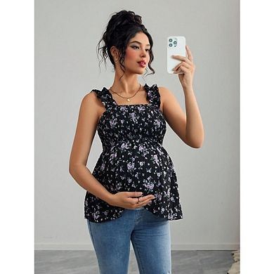 Women's Maternity Floral Smocked Tank Top Square Neck Ruffled Strap Peplum Blouse Pregnancy Top