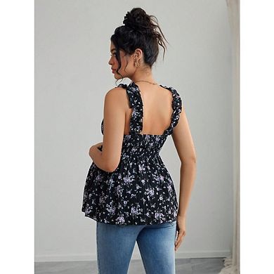 Women's Maternity Floral Smocked Tank Top Square Neck Ruffled Strap Peplum Blouse Pregnancy Top
