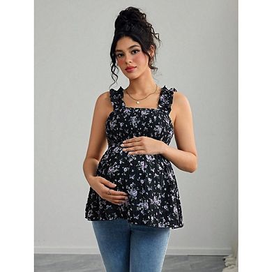 Women's Maternity Floral Smocked Tank Top Square Neck Ruffled Strap Peplum Blouse Pregnancy Top