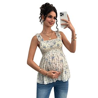 Women's Maternity Floral Smocked Tank Top Square Neck Ruffled Strap Peplum Blouse Pregnancy Top