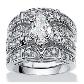 3.05 TCW Marquise-Cut Cubic Zirconia Silvertone Wedding Band Set