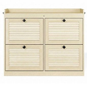 Large Rattan Shoe Cabinet with 4 Flip Drawers Narrow Freestanding Shoe Organizer with Wooden Legs