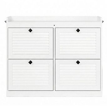 Large Rattan Shoe Cabinet with 4 Flip Drawers Narrow Freestanding Shoe Organizer with Wooden Legs