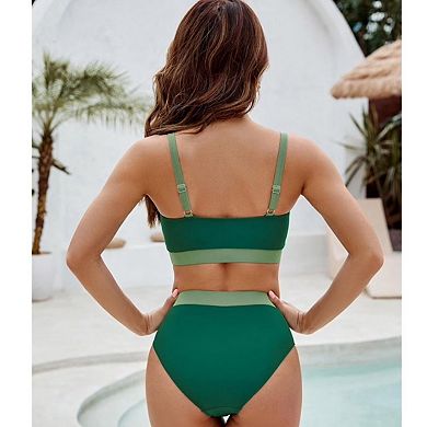 Women's Block Two Piece Bikini Set Wrap Front High Waisted Bottom Swimwear