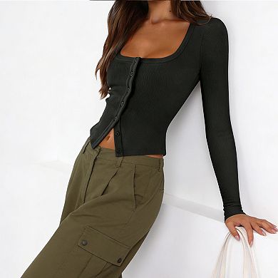 Women's Square Neck Button Front Ribbed Crop Top - Long Sleeve Stretchy Casual Going Out Shirt
