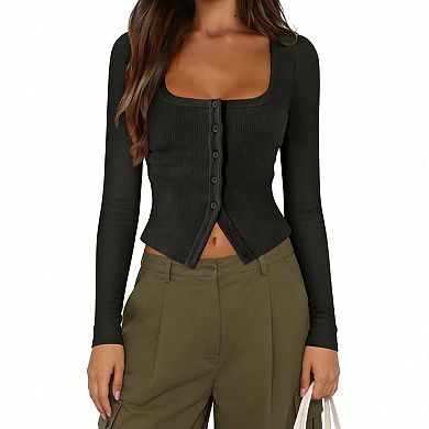 Women's Square Neck Button Front Ribbed Crop Top - Long Sleeve Stretchy Casual Going Out Shirt