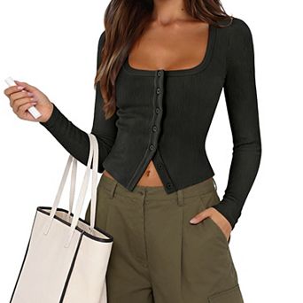 Women's Square Neck Button Front Ribbed Crop Top - Long Sleeve Stretchy Casual Going Out Shirt