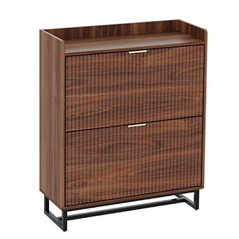 Narrow Shoe Storage Cabinet with 2 Flip Drawers Deep 11.8 in Fluted Hidden Shoe Organizer