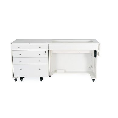 Kangaroo & Joey XL Hydraulic Sewing Cabinet Lift Table, Storage Caddy, Ash White