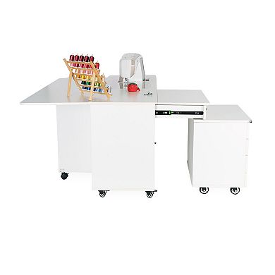 Kangaroo & Joey XL Hydraulic Sewing Cabinet Lift Table, Storage Caddy, Ash White