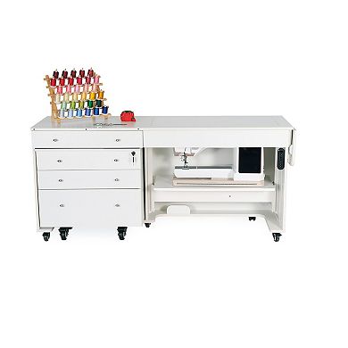 Kangaroo & Joey XL Hydraulic Sewing Cabinet Lift Table, Storage Caddy, Ash White