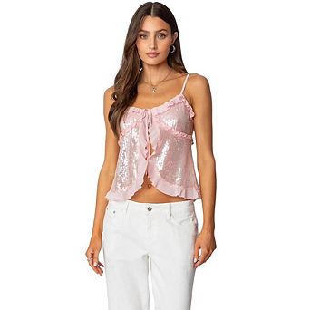 Women's Casual Sequin Ruffled Tank Tops Split Tie Front Top Fashion Spaghetti Strap Cami Shirt