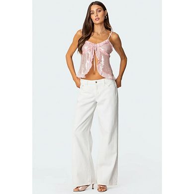 Women's Casual Sequin Ruffled Tank Tops Split Tie Front Top Fashion Spaghetti Strap Cami Shirt