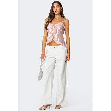 Women's Casual Sequin Ruffled Tank Tops Split Tie Front Top Fashion Spaghetti Strap Cami Shirt