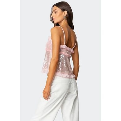 Women's Casual Sequin Ruffled Tank Tops Split Tie Front Top Fashion Spaghetti Strap Cami Shirt