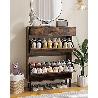 Slim Shoe Cabinet with Dual Flip Drawers Space-Saving Hidden Shoe Storage for Entryway