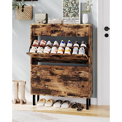 Slim Shoe Cabinet with Dual Flip Drawers Space-Saving Hidden Shoe Storage for Entryway