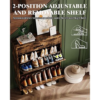 Slim Shoe Cabinet with Dual Flip Drawers Space-Saving Hidden Shoe Storage for Entryway