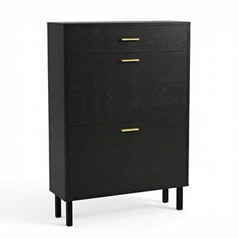 Slim Shoe Cabinet with Dual Flip Drawers Space-Saving Hidden Shoe Storage for Entryway